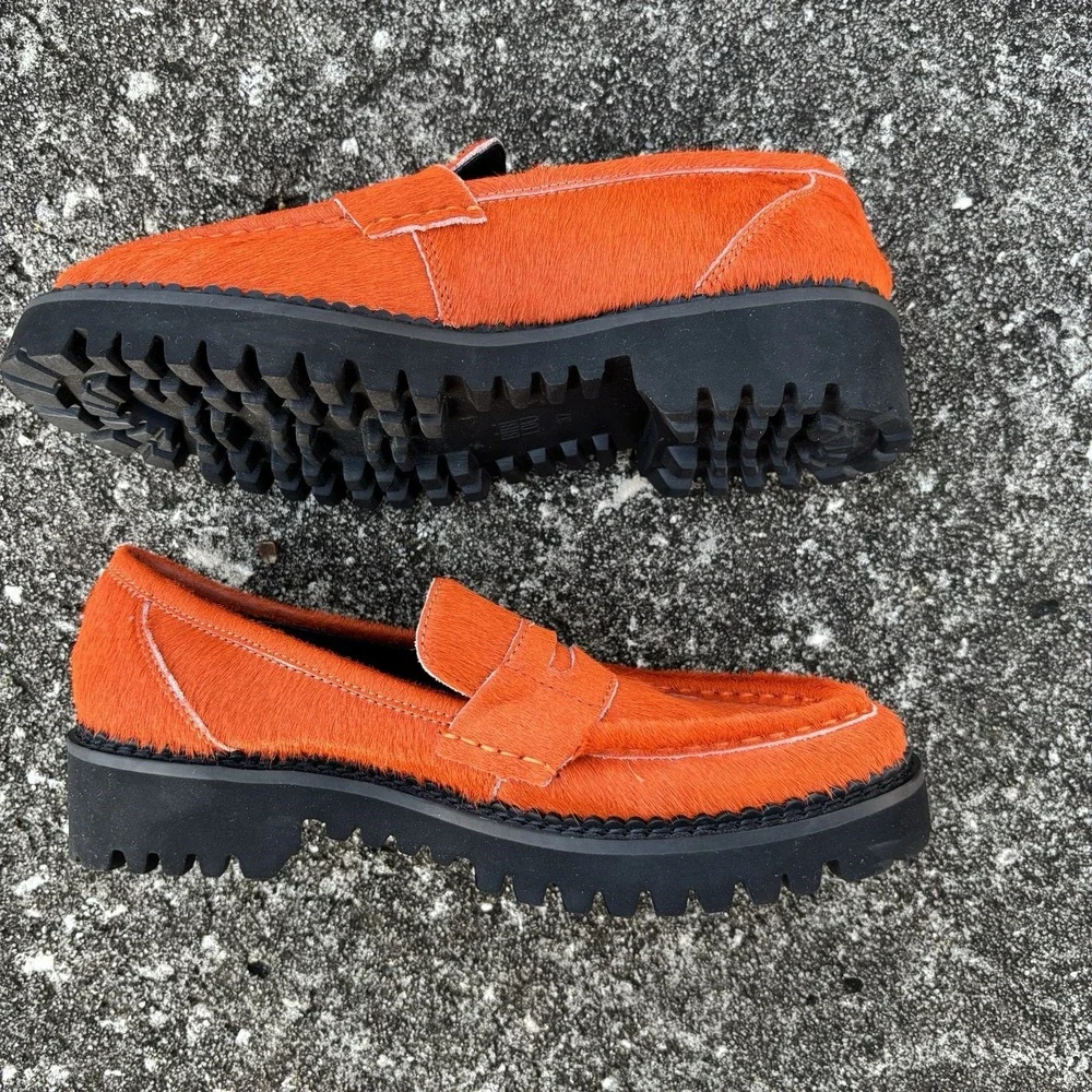 RARE!! Orange Calf Hair Chunky Penny Loafers W7 | 37 Anthropologie Bibi Lou Jaya